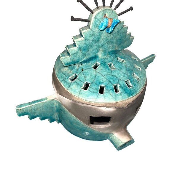 Barbara Heard Ceramic Lantern Signed Bird Head Blue Gray Handmade Pottery Candle - Picture 3 of 13